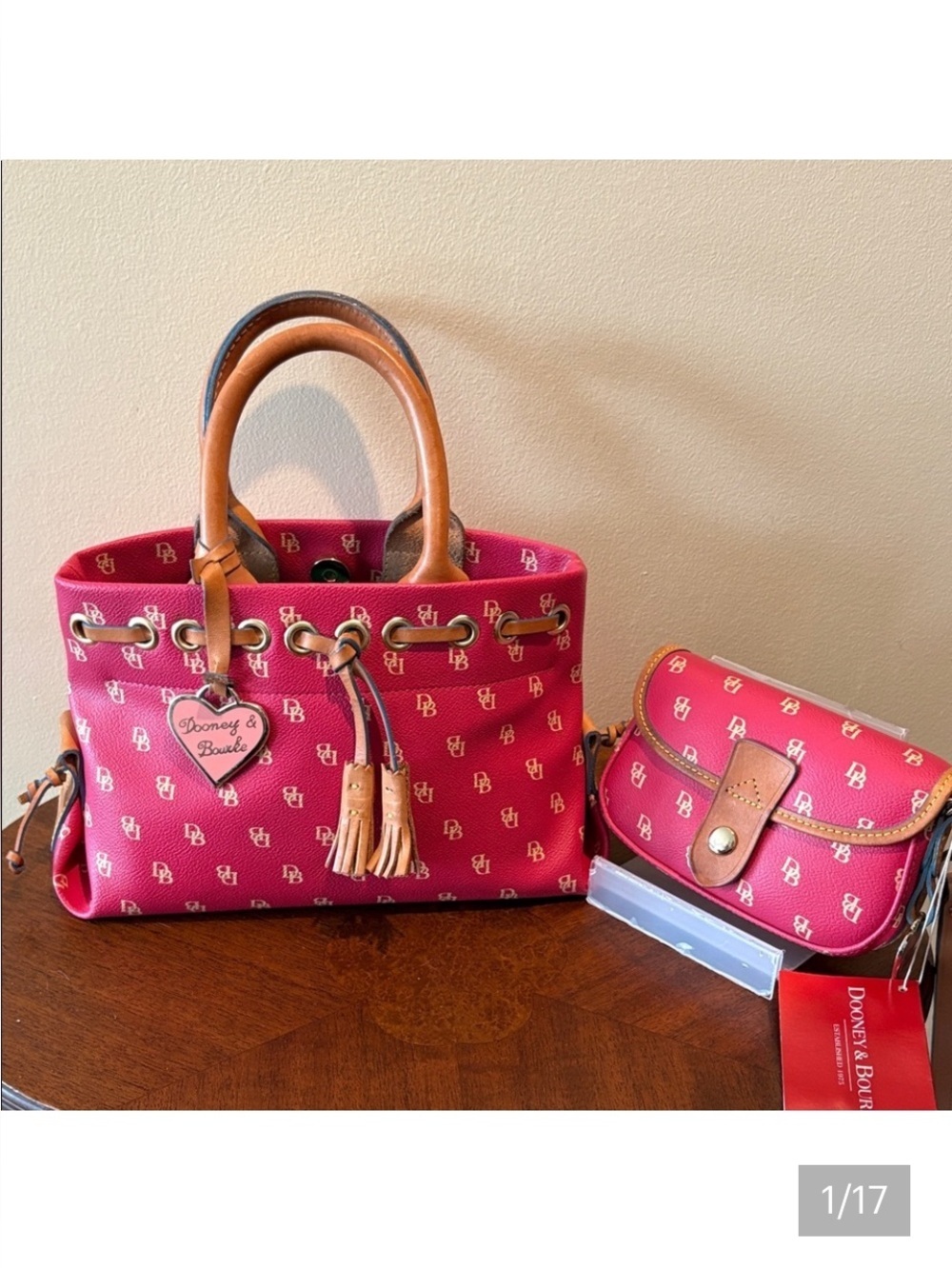 Dooney & Bourke Satchel & wristlet pouch  red/cream monogram print /tan leather